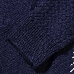 Kuon Knitwear<Multi-Patterned Cardigan w/Hand Stitch Navy